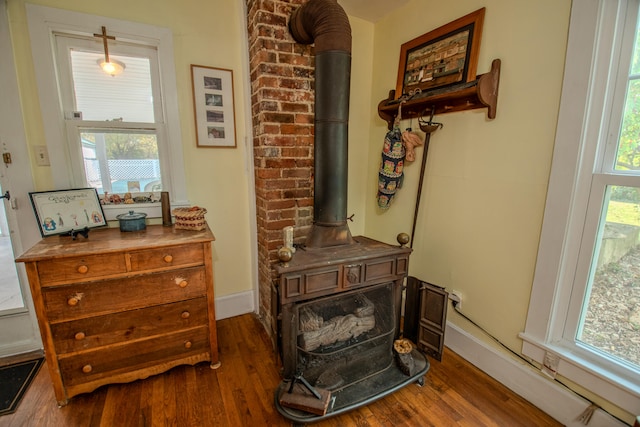 interior details featuring wood-type flooring and a wood stove