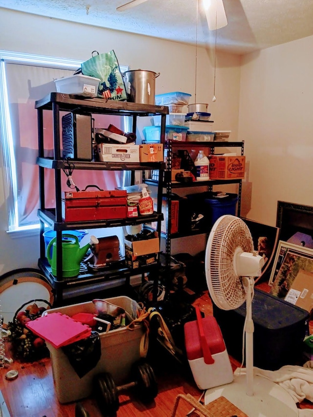 storage area featuring ceiling fan