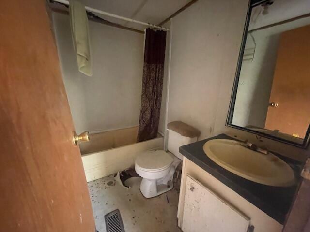 full bathroom featuring vanity, toilet, shower / bath combo, and concrete floors