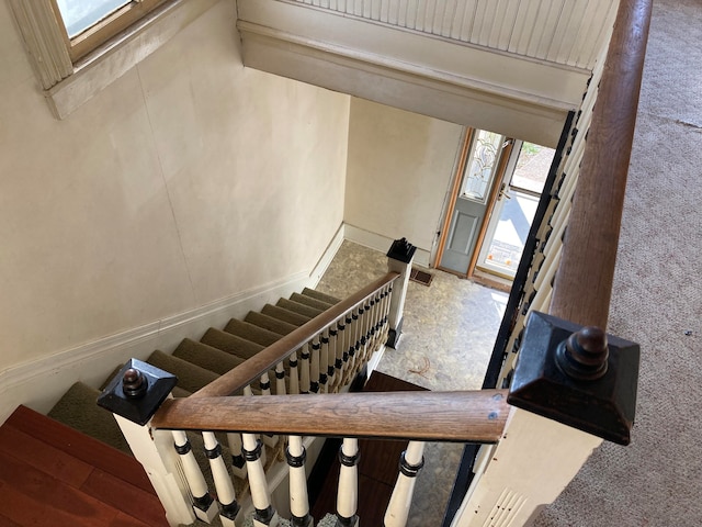 staircase with carpet and a skylight