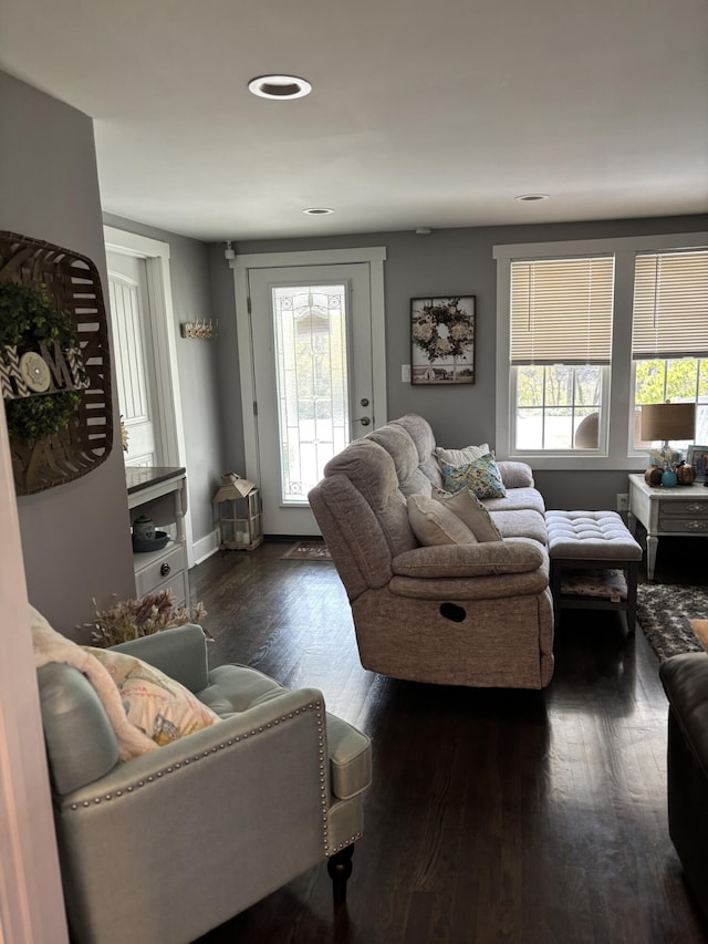 living room with dark hardwood / wood-style flooring