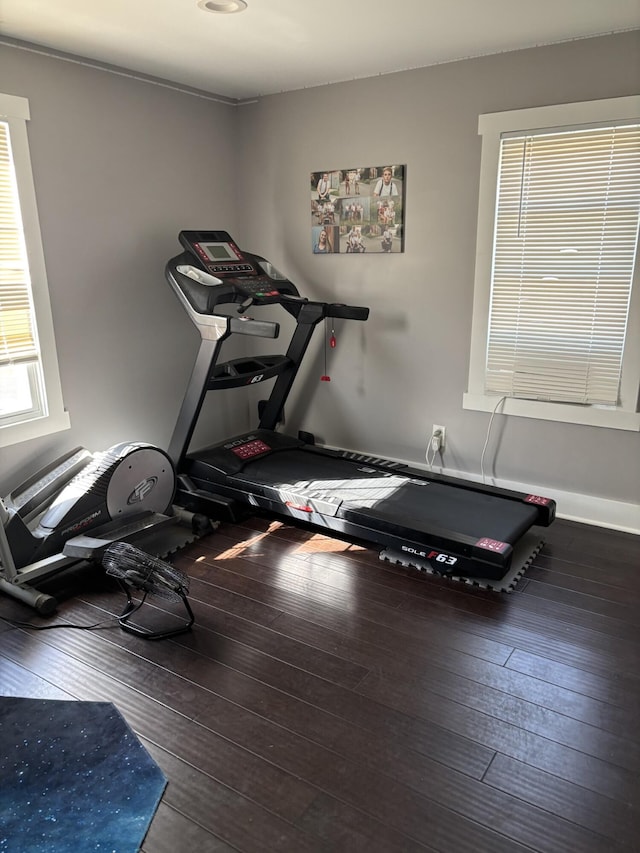 exercise area with dark hardwood / wood-style floors