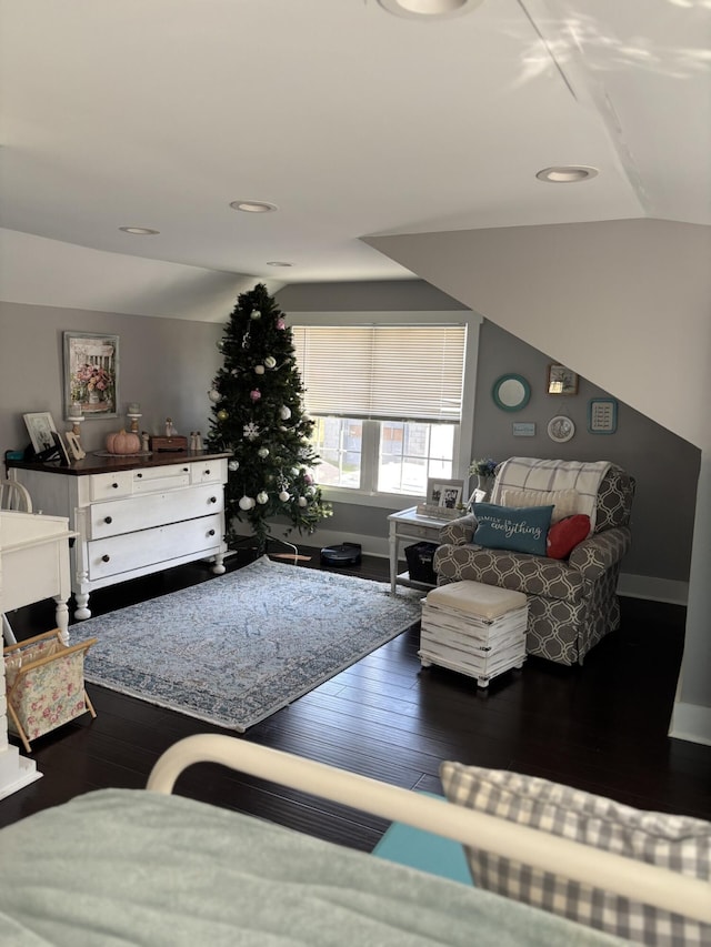 living room with lofted ceiling and dark hardwood / wood-style floors