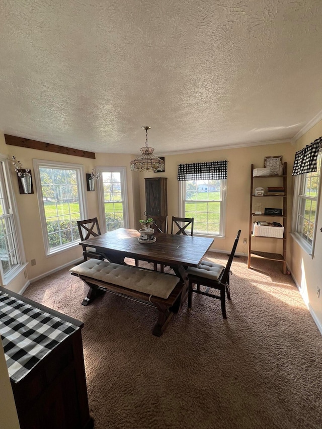 dining space with light colored carpet, a chandelier, and a textured ceiling