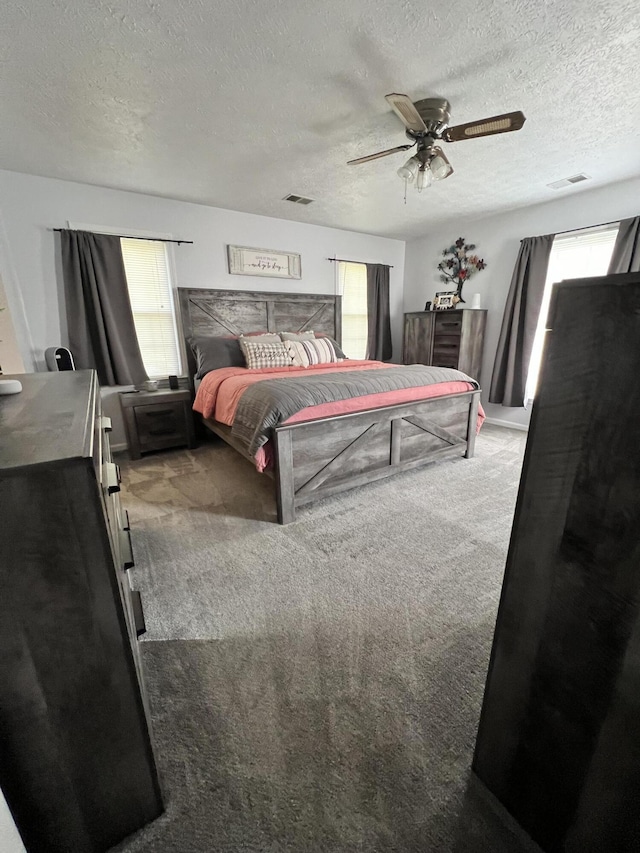 bedroom featuring multiple windows, a textured ceiling, carpet floors, and ceiling fan