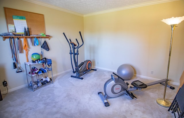 workout area featuring ornamental molding, a textured ceiling, and carpet