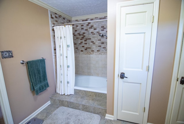 bathroom featuring shower / tub combo and a textured ceiling