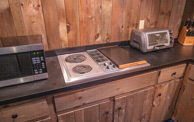 interior details with appliances with stainless steel finishes and wooden walls