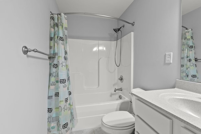 full bathroom with shower / tub combo with curtain, vanity, toilet, and tile patterned flooring