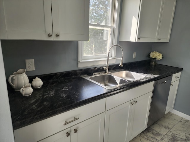 kitchen with stainless steel dishwasher, white cabinetry, and sink