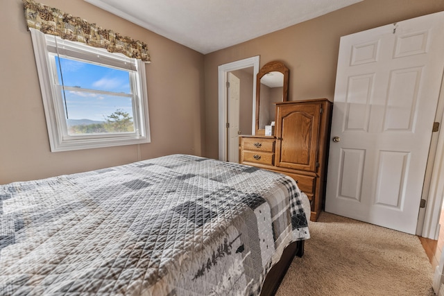 bedroom with light carpet and a textured ceiling