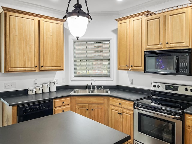 kitchen with crown molding, black appliances, pendant lighting, and sink