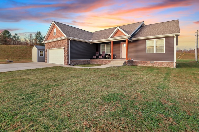 ranch-style house with a porch and a lawn