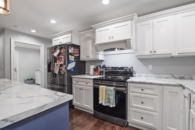 kitchen featuring stainless steel appliances, white cabinetry, light stone counters, and dark hardwood / wood-style flooring