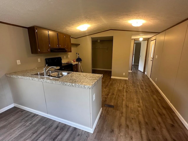 kitchen featuring black range oven, dark hardwood / wood-style floors, a textured ceiling, and sink