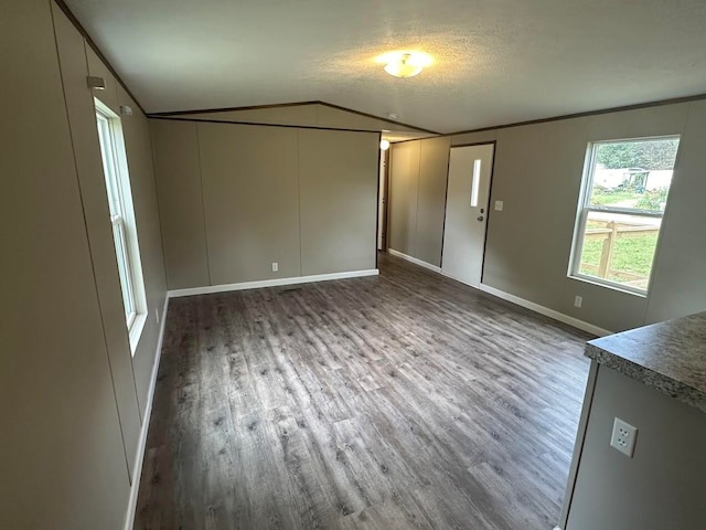 spare room featuring dark hardwood / wood-style floors, a textured ceiling, and lofted ceiling