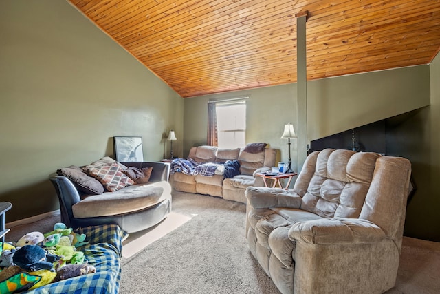 living room with carpet, wooden ceiling, and lofted ceiling