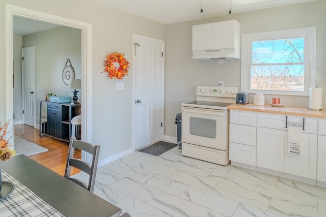 kitchen with white cabinetry, electric stove, and light hardwood / wood-style floors