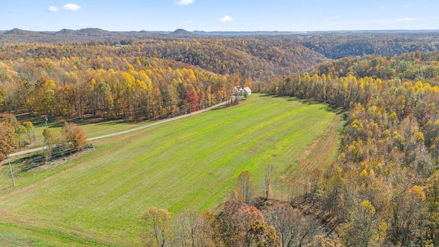 drone / aerial view featuring a mountain view and a rural view