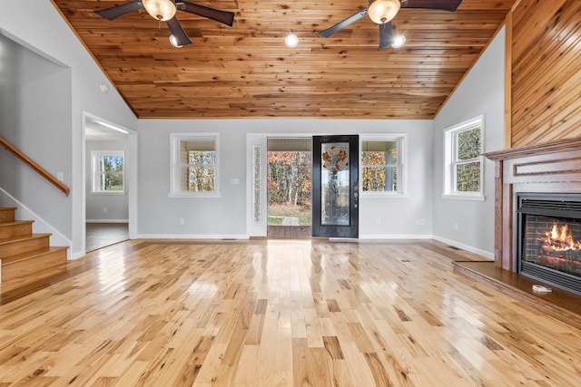 unfurnished living room with high vaulted ceiling, a healthy amount of sunlight, and wood ceiling