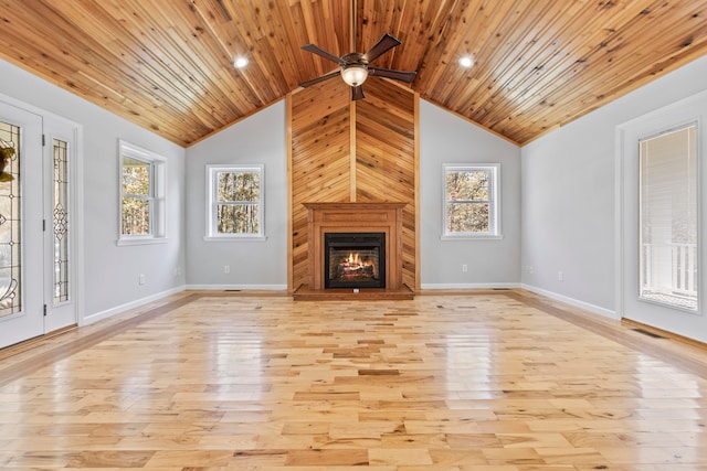 unfurnished living room with high vaulted ceiling, light wood-type flooring, wooden ceiling, and a fireplace