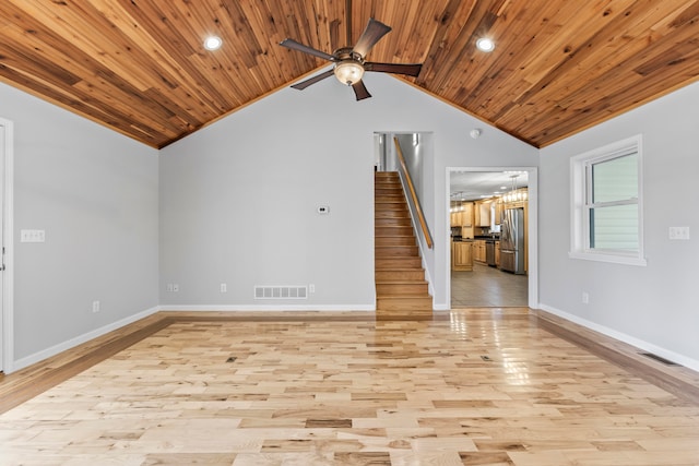 unfurnished living room with light wood-type flooring, lofted ceiling, wooden ceiling, and ceiling fan