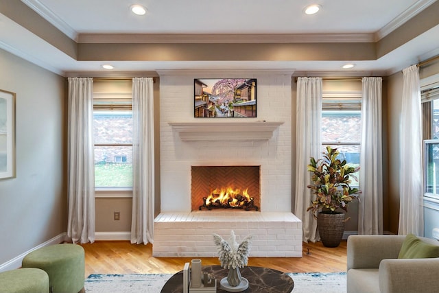 living room with wood-type flooring, a fireplace, and crown molding