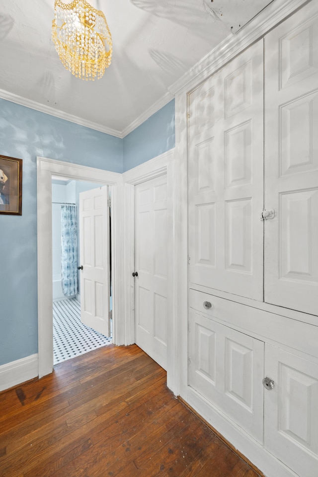 corridor with crown molding and dark hardwood / wood-style flooring