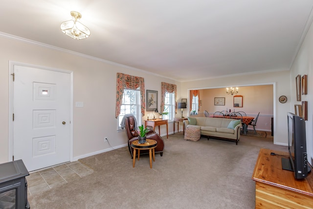 carpeted living room featuring crown molding and an inviting chandelier