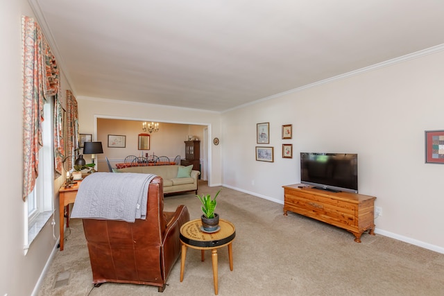 bedroom featuring a notable chandelier, light carpet, and ornamental molding