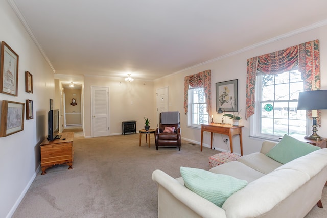 living room featuring light carpet and ornamental molding