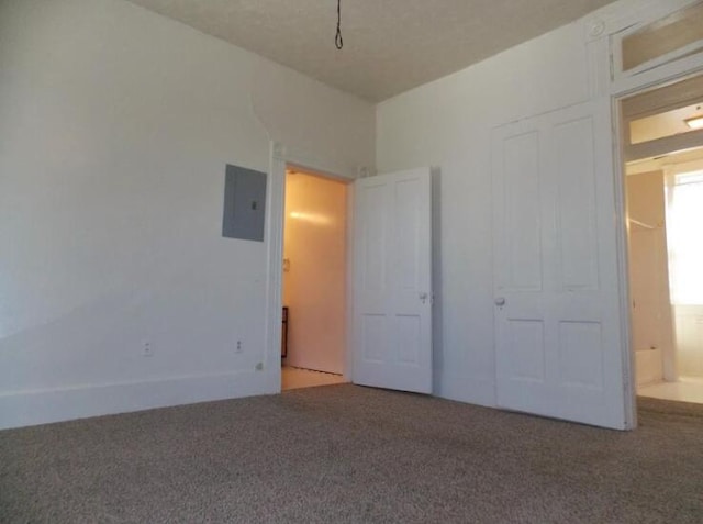 unfurnished bedroom featuring electric panel and carpet floors