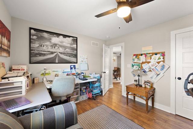 office space featuring hardwood / wood-style flooring and ceiling fan