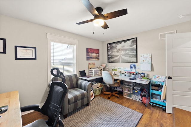 office area featuring hardwood / wood-style flooring and ceiling fan