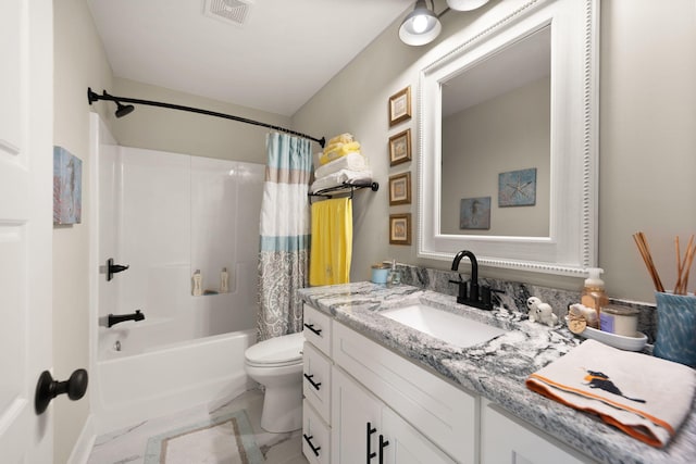 full bathroom with toilet, vanity, and shower / bathtub combination with curtain