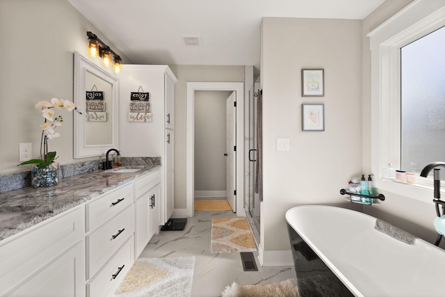 bathroom featuring vanity and plus walk in shower