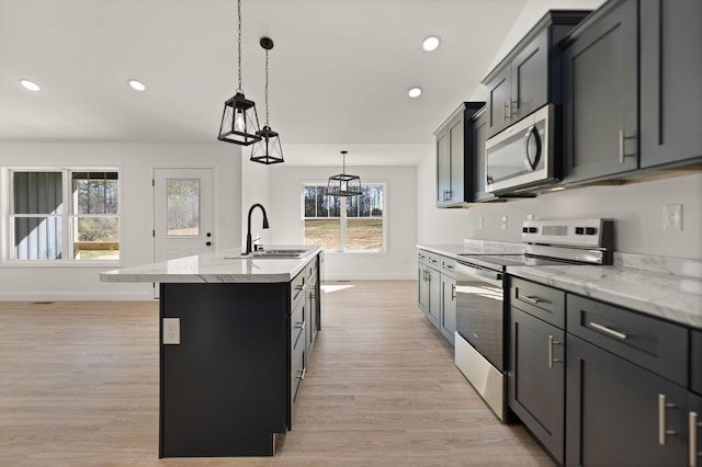 kitchen featuring a wealth of natural light, sink, a kitchen island with sink, and appliances with stainless steel finishes