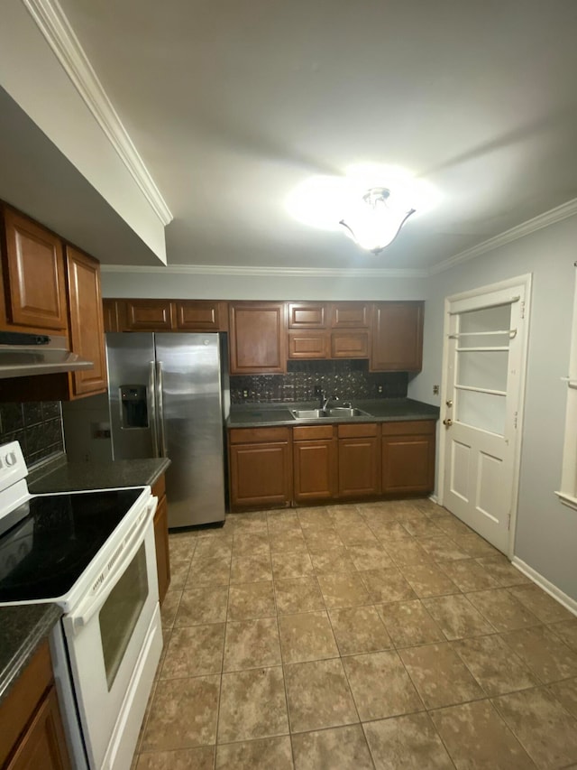 kitchen with ornamental molding, stainless steel fridge, white electric range oven, range hood, and decorative backsplash