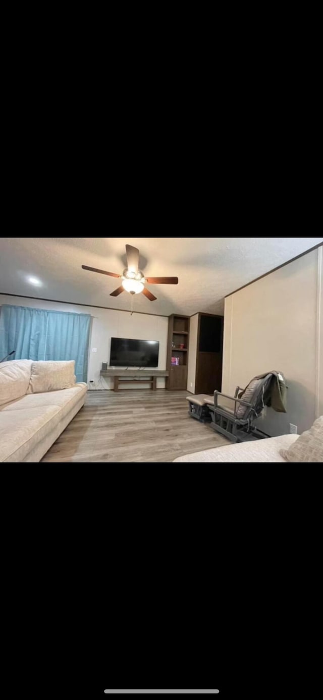 living room featuring ceiling fan and wood-type flooring