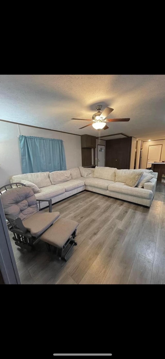 living room with hardwood / wood-style floors, ceiling fan, and a textured ceiling