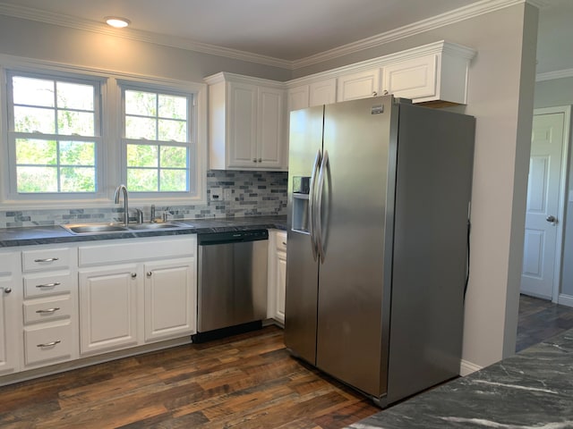 kitchen featuring white cabinetry, appliances with stainless steel finishes, sink, and dark hardwood / wood-style flooring