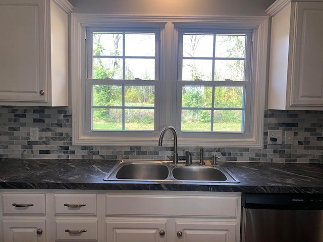 kitchen with dishwasher, tasteful backsplash, white cabinets, and sink