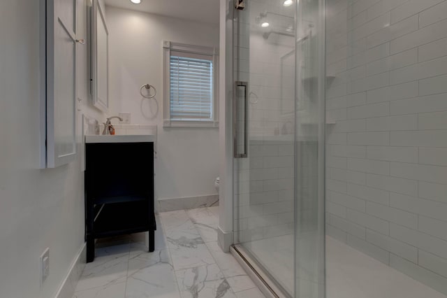 275 Johnson Rd, Morehead, KY 40351 - bathroom featuring marble finish flooring, a shower stall, baseboards, vanity, and toilet
