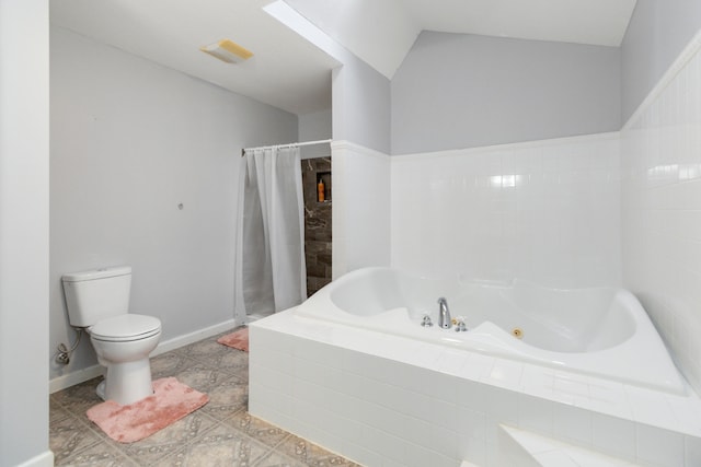 bathroom featuring separate shower and tub, tile patterned flooring, toilet, and vaulted ceiling