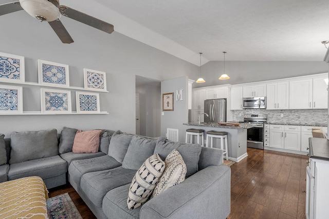 living room with high vaulted ceiling, ceiling fan, sink, and dark hardwood / wood-style floors