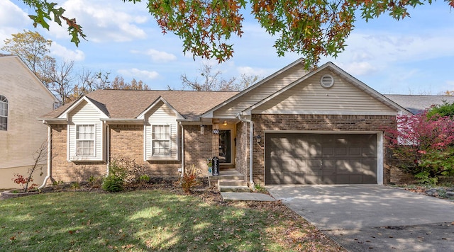 ranch-style house with a garage and a front yard