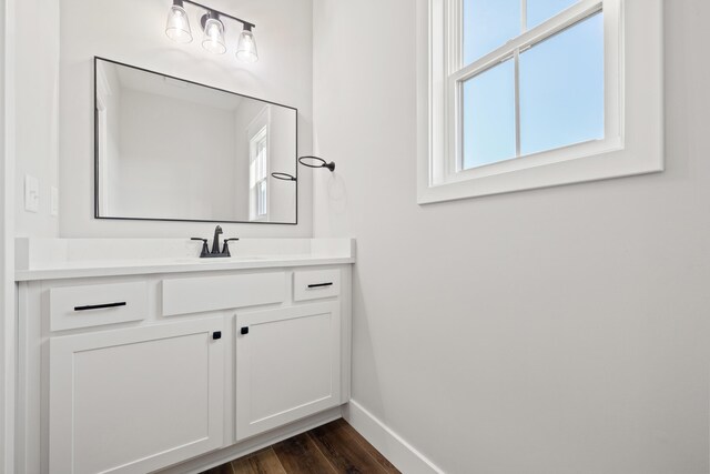 bathroom with a sink, double vanity, baseboards, walk in shower, and wood finished floors