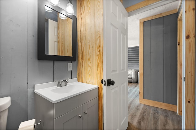 bathroom featuring toilet, wood-type flooring, and vanity