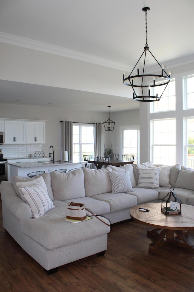 212 Patrum Sisters Way, Danville, KY 40422 - living room featuring a chandelier, ornamental molding, and dark wood-type flooring