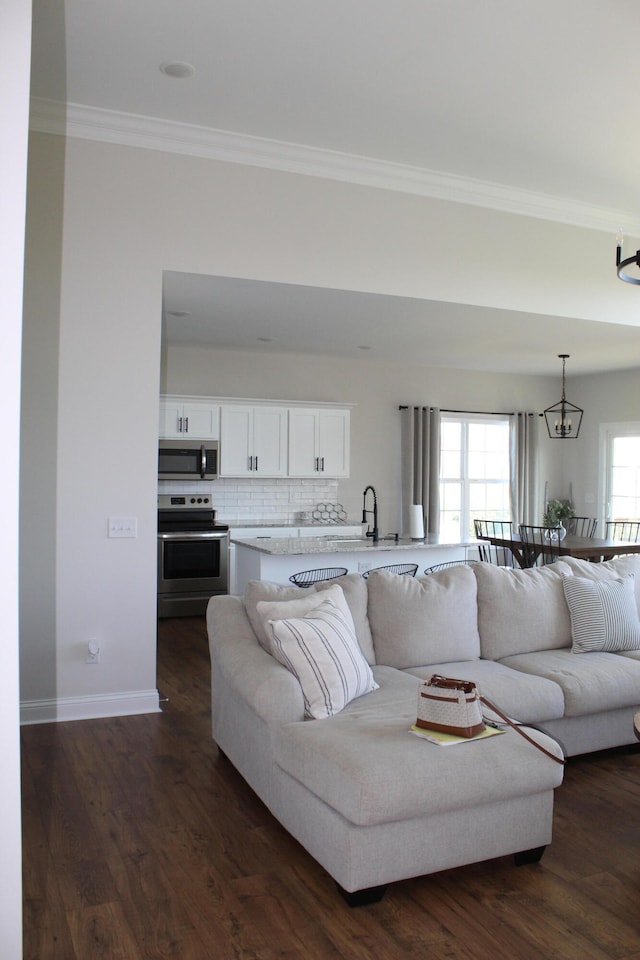 living room featuring dark wood-type flooring, sink, a notable chandelier, and crown molding